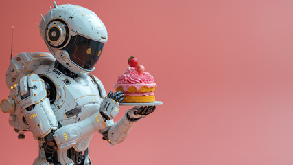 A playful cartoon robot with a protective helmet holds a mouth-watering cake while enjoying the outdoors like a toy come to life