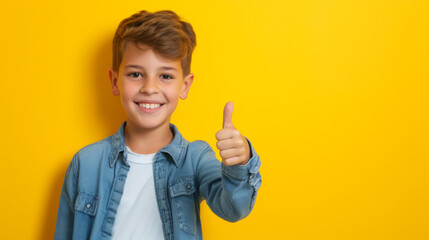 Cropped portrait of a smiling young boy showing thumb up isolated over yellow background