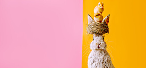 Easter Bunny with a Nest of Chicks on its Head Against a Pink Yellow Background