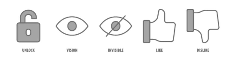 Dislike, Like, Invisible, Vision, Unlock editable stroke outline icons set isolated on white background flat vector illustration.
