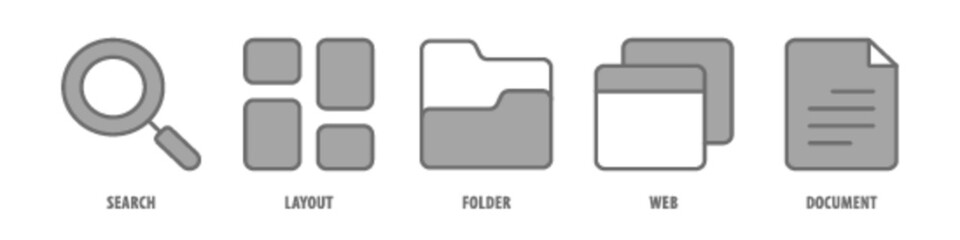 Document, Web, Folder, Layout, Search editable stroke outline icons set isolated on white background flat vector illustration.
