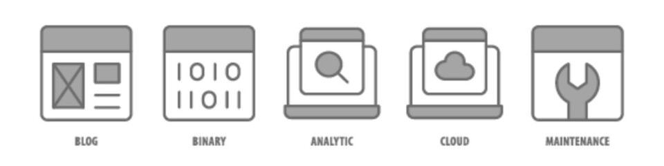 Maintenance, Cloud, Analytic, Binary, Blog editable stroke outline icons set isolated on white background flat vector illustration.