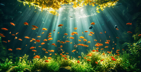 Sunlight Piercing Through Water in an Aquatic Scene with Vibrant Orange Fish