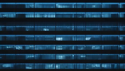 Seamless skyscraper facade with blue tinted windows and blinds at night. Modern abstract office building background texture with glowing lights against dark black exterior walls.