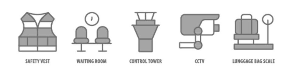 Luggage bag scale, CCTV, Control Tower, Waiting room, Safety vest editable stroke outline icons set isolated on white background flat vector illustration.