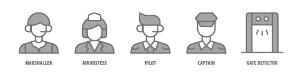 Gate Detector, Captain, Pilot, Airhostess, Marshaller editable stroke outline icons set isolated on white background flat vector illustration.