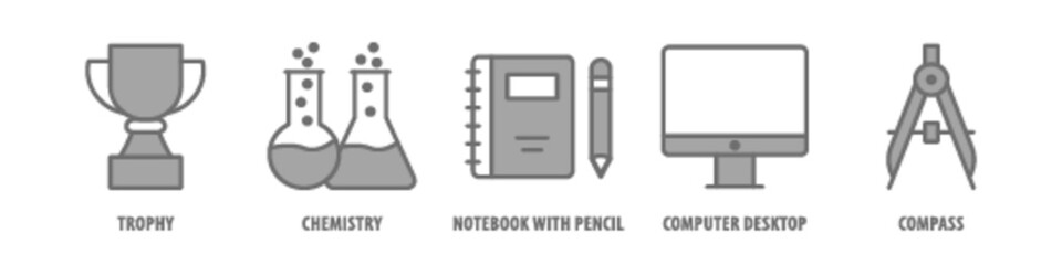 Compass, Computer Desktop, notebook with pencil, Chemistry, Trophy editable stroke outline icons set isolated on white background flat vector illustration.