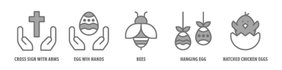 Hatched chicken eggs, Hanging Egg, Bees, Egg with Hands, Cross Sign with Arms editable stroke outline icons set isolated on white background flat vector illustration.