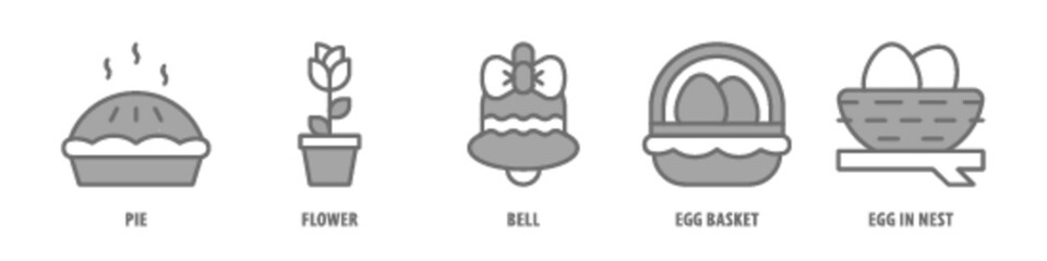 Egg in Nest, Egg Basket, Bell, Flower, Pie editable stroke outline icons set isolated on white background flat vector illustration.