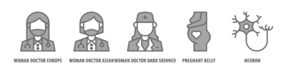 Neuron, Pregnant Belly, Woman Doctor Dark Skinned, Woman Doctor Asian, Woman Doctor Europe editable stroke outline icons set isolated on white background flat vector illustration.