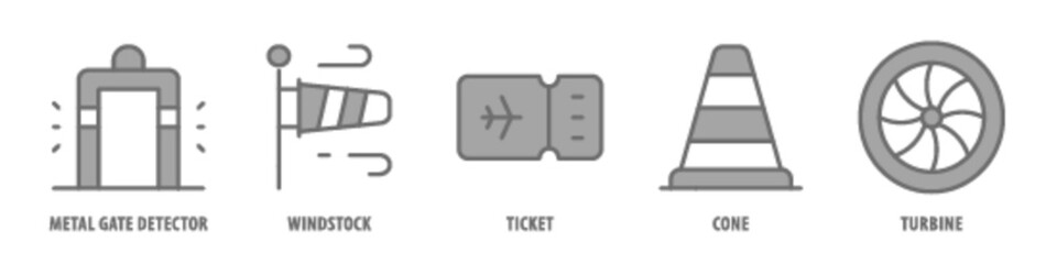 Turbine, Cone, Ticket, Windstock, Metal Gate Detector editable stroke outline icons set isolated on white background flat vector illustration.