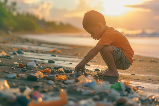 Young Boy Ponders Over Ocean Pollution at Sunset