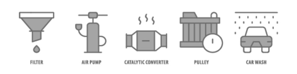 Obraz premium Car Wash, Pulley, Catalytic converter, Air Pump, Filter editable stroke outline icons set isolated on white background flat vector illustration.