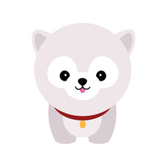 Cute dog vector portrait. Cartoon cutie dog or puppy character design with flat color. Funny pet animal isolated on white background. Brown, white, gray, small, little kids toy. Stickers, wall art
