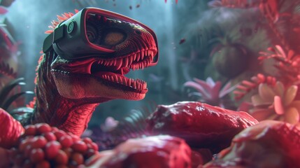 Dinosaur, donned in a VR headset absorbed in a digital realm, surrounded by an array of meats; a unique, vibrant 3D animation perspective - obrazy, fototapety, plakaty