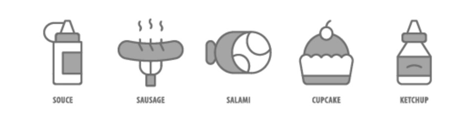 Ketchup, Cupcake, Salami, Sausage, Sauce editable stroke outline icons set isolated on white background flat vector illustration.
