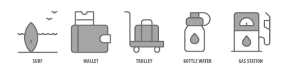 Gas Station, Bottle water, Trolley, Wallet, Surf editable stroke outline icons set isolated on white background flat vector illustration.