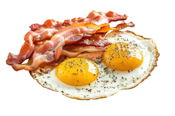 Fried eggs and bacon on white background