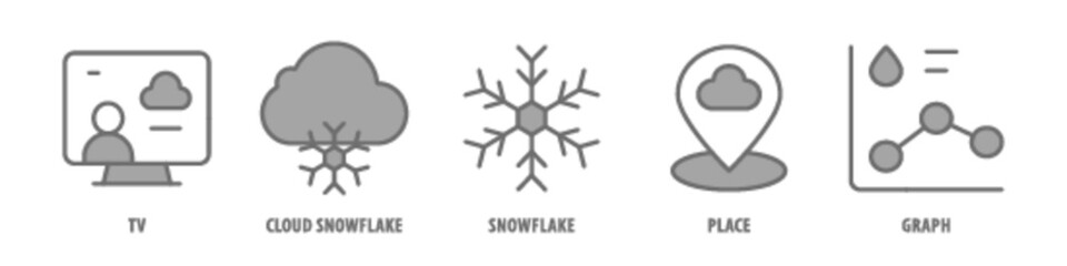 Graph, Place, Snowflake, Cloud Snowflake, TV editable stroke outline icons set isolated on white background flat vector illustration.