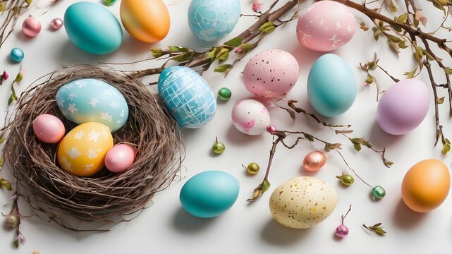 image of multi-colored Easter eggs in a bird's nest among the branches on a white background. Easter holiday