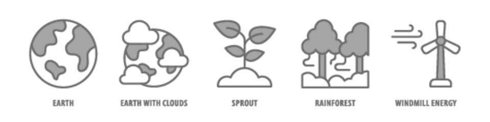 Windmill energy, Rainforest, Sprout, Earth with clouds, Earth editable stroke outline icons set isolated on white background flat vector illustration.