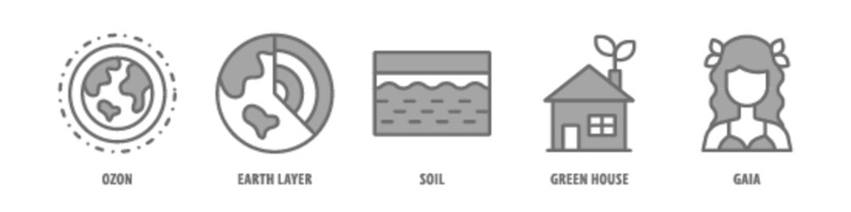 Gaia, Green House, Soil, Earth Layer, Ozone editable stroke outline icons set isolated on white background flat vector illustration.
