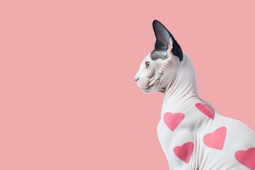 Profile portrait of a Sphynx cat with pink hearts on skin, looking to side, on pink background with copy-space.