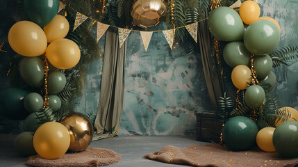 
fundo de aniversário tema exército, arco com balões