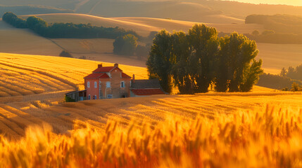 A rustic farmhouse, with golden wheat fields as the background, during a warm summer evening