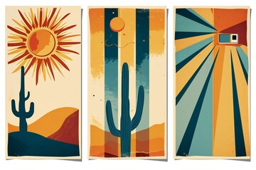 Set of desert landscapes with cacti and sun