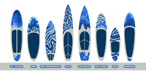 Big set surfboards types. Surfboard icons.