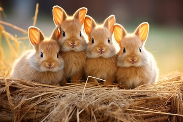 Four young baby bunnies in hay