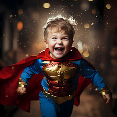 Playful image of a child in a superhero costume.