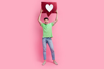 Full body size photo of funny blogging happy boyfriend raised hands up showing big feelings love...