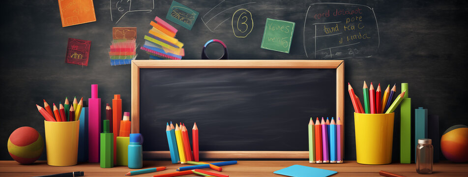 Zur&uuml;ck in die Schule, Kreidetafel mit bunter Kreide, Buntstiften und anderen Schulsachen, Konzept Schulanfang, Einschulung