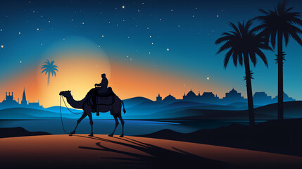 Man riding camel in desert night with mosque