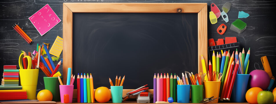 Zur&uuml;ck in die Schule, Kreidetafel mit bunter Kreide, Buntstiften und anderen Schulsachen, Konzept Schulanfang, Einschulung