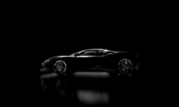 side view of black supercar on dark background. nobody.