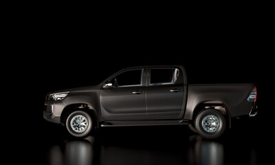 side view of a black pick-up truck, dark background. nobody.3d render © tiero
