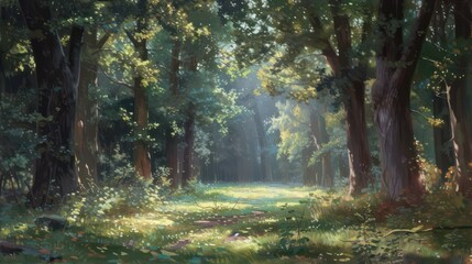 Obraz premium A serene forest glade with morning sunlight filtering through the trees, capturing the beauty and tranquility of nature