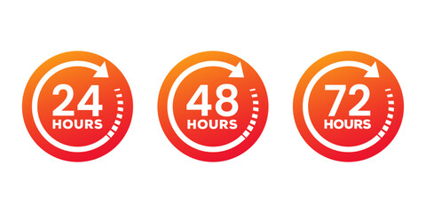24, 48, and 72 hours clock arrow. Vector work time effect or delivery service time icons