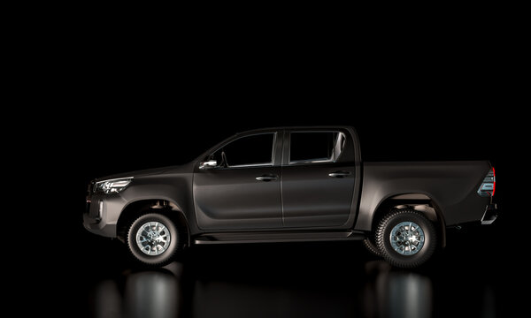 side view of a black pick-up truck, dark background. nobody.3d render