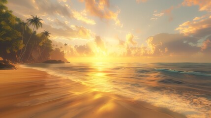 Fototapeta na wymiar An awe-inspiring World Ramadan (Begins) landscape, showcasing a pristine beach at dawn, with golden sunlight