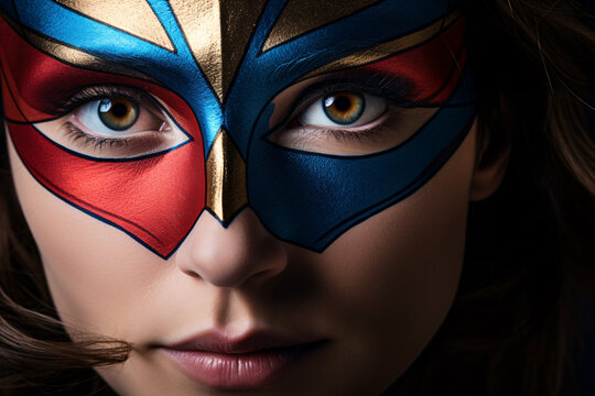 Face of young woman with painted red, golden and blue superhero mask makeup