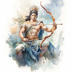 illustration of lord ram holding bow and arrow watercolor, Generative ai