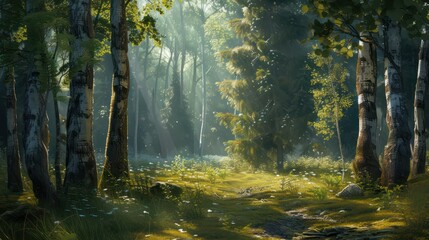 A serene forest glade with morning sunlight filtering through the trees, capturing the beauty and tranquility of nature