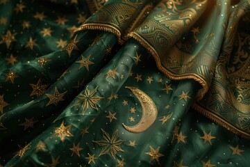 Close-up of teal Islamic textiles with delicate golden embroidery featuring crescents and stars.
