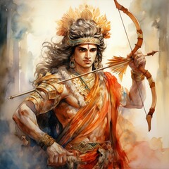 illustration of lord ram holding bow and arrow watercolor, Generative ai - obrazy, fototapety, plakaty