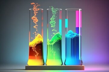 Three multi-colored test tubes with reagents. The periodic table shows the test tubes and flasks used for experiments. - obrazy, fototapety, plakaty