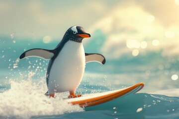 Fototapeta premium Penguin on a surfboard riding a wave, with splashing water and warm sunlight.